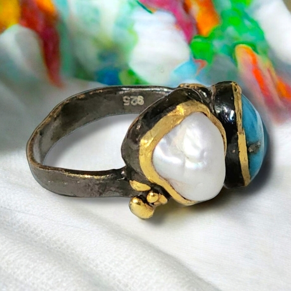 🆕️Genuine Pearl & Turquoise Ring | 925 Silver 24K Gold & Rhodium Plated 🌟 - Picture 11 of 16